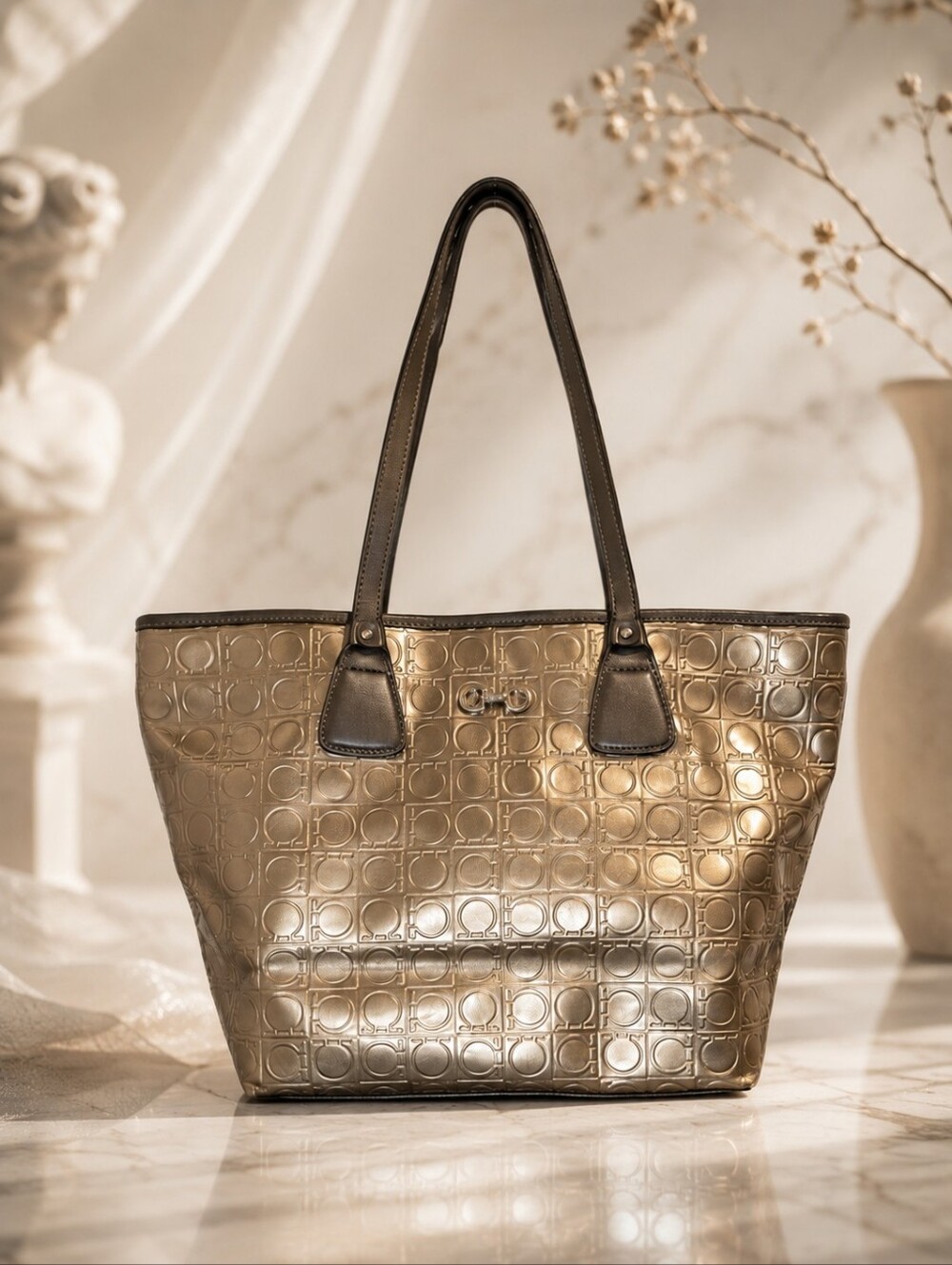Salvatore Ferragamo Metallic Mercurio Gancini Embossed Tote Bag Bronze Gold